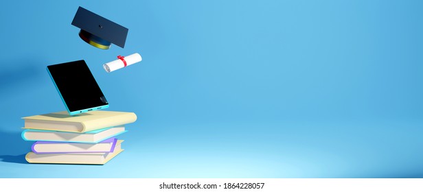 3D Rendering of Graduation Cap, books and mobil phone on light blue background. Realistic 3d shapes. Education online concept. - Powered by Shutterstock