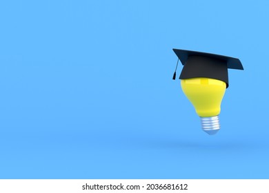 3d rendering of graduation cap on yellow light bulb.