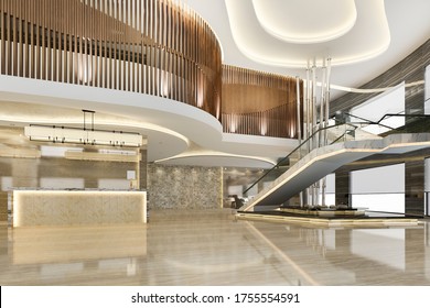 3d rendering grand luxury hotel reception hall entrance and lounge restaurant with stair