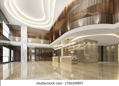 3d Rendering Grand Luxury Hotel Reception Hall Entrance And Lounge Restaurant With Stair