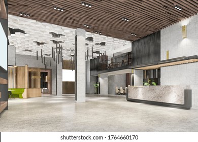 3d Rendering Grand Luxury Hotel Reception Hall Entrance And Lounge Restaurant With High Ceiling