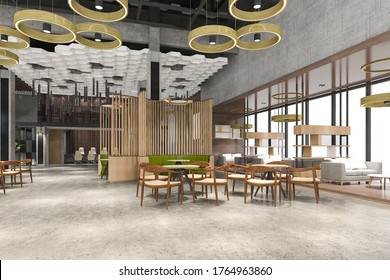 3d Rendering Grand Luxury Hotel Reception Hall Entrance And Lounge Restaurant With High Ceiling