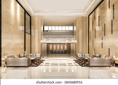 3d rendering grand luxury hotel reception hall entrance and lounge restaurant