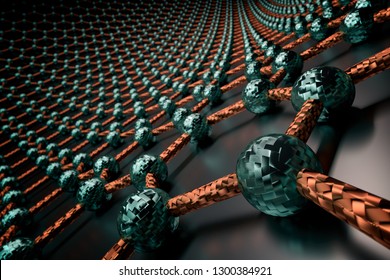 3D rendering of graphene surface, blue atoms and orange bonds, glossy black surface