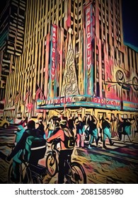 3d rendering in a graphic design depicting Radio City Music Hall during Christmas holidays.