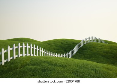 3d Rendering Of A Grass Field With A White Picket Fence