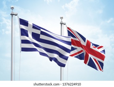 3D Rendering Of Greece & United Kingdom Flags Are Waving In The Sky - 3d Illustration