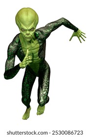 3D rendering of a green alien isolated on white background