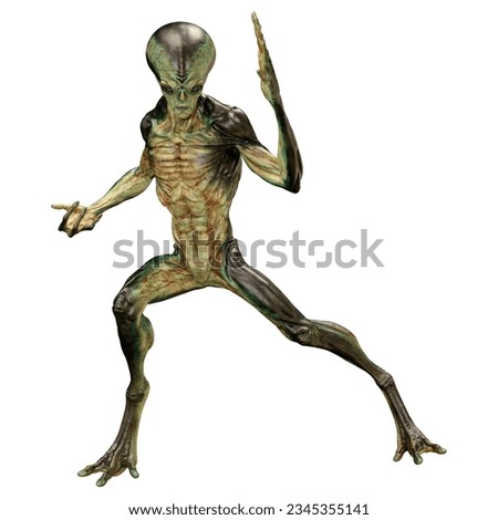 3D rendering of a green alien isolated on white background