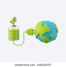 3d rendering of Green battery charge with globe isolated on white. Eco friendly clean energy, Earth Day World Environment icon concept  - Powered by Shutterstock