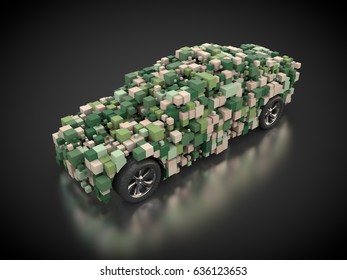3D rendering: green car with abstract carbody made out of cubes