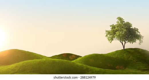 3d rendering of a green field and tree