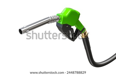 3d rendering of a green fuel pump nozzle with a metallic spout on a white background