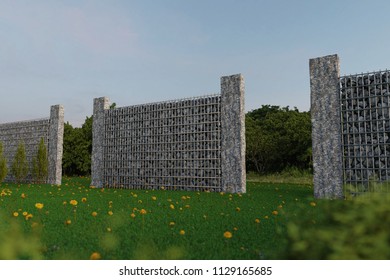 3d Rendering Of Green Garden With Gabion Wall And Stone Palisade