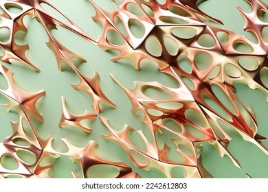 3D rendering. Green and gold  pattern of different shapes. Minimalistic pattern of simple shapes. Bright creative symmetric texture