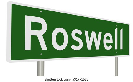 A 3d Rendering Of A Green Highway Sign For Roswell, New Mexico