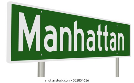 A 3d rendering of a green highway sign for Manhattan