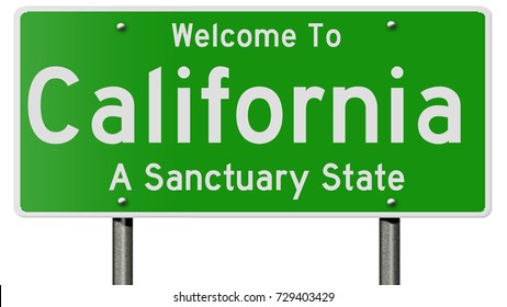 A 3d Rendering Of A Green Highway Sign For California A Sanctuary State