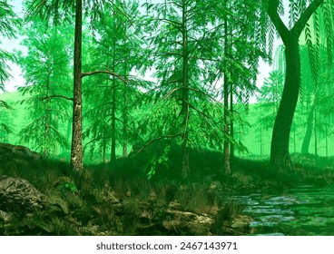 3D rendering of a green Jurassic forest landscape