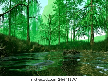 3D rendering of a green Jurassic forest landscape