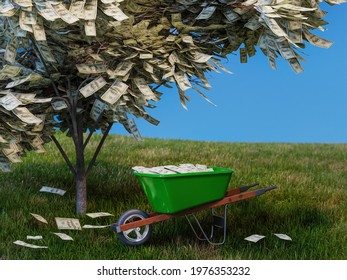 3D rendering of green wheelbarrow filled with 100 US dollar banknotes collected from money tree growing on a grassy meadow