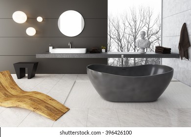 3D rendering Grey Colors of Bathroom with Big Window