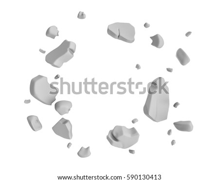 3d rendering of grey pieces of plaster wall hanging in the air on white background. Construction and demolition. Failure and destruction. Broken pieces.