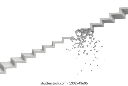 3d Rendering Of Grey Stone Ledder Shattering Into Small Pieces On White Background. Digital Art. Building And Interiour. Demolition And Destruction.