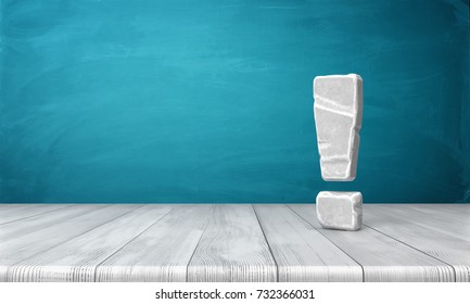 3d Rendering Of A Grey-white Exclamation Mark Made Of Stone Standing On A Wooden Surface In Front Of Blue Background. Best Answer. Obvious Solution. Attract Attention.