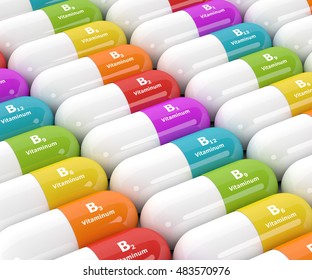 3d rendering of group B vitamin pills in rows