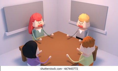 3D rendering group of business men and women, member, team, employee, people cartoon characters having conference meeting. Discussion, debate, talk, plan, creative idea, conversation, argue, strategy.