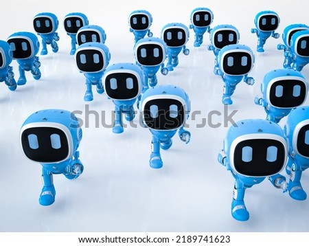 3d rendering group of cute and small artificial intelligence assistant robots running in competition