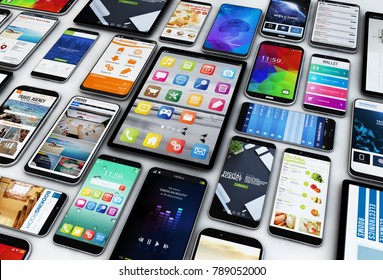 Rendu 3d d'un groupe d'appareils (smartphones et tablettes)