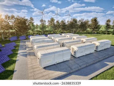 3d rendering group of energy storage systems or battery container units with zero emission