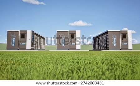 3d rendering group of energy storage systems or battery container units on green grass under blue sky