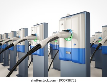 3d rendering group of EV charging stations or electric vehicle recharging stations 