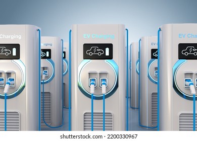 3d Rendering Group Of EV Charging Stations Or Electric Vehicle Recharging Stations 