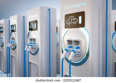 3d Rendering Group Of EV Charging Stations Or Electric Vehicle Recharging Stations 