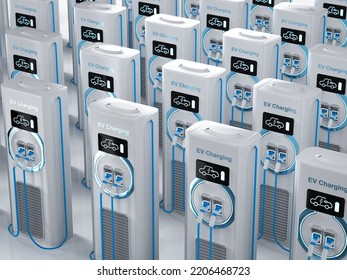 3d Rendering Group Of EV Charging Stations Or Electric Vehicle Recharging Stations 