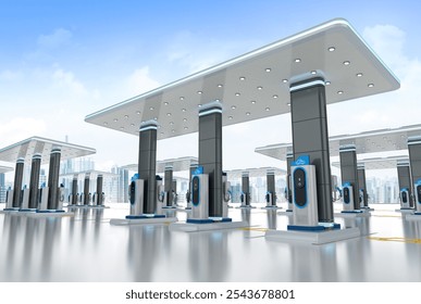 3d rendering group of ev charging stations or electric vehicle recharging stations with roof