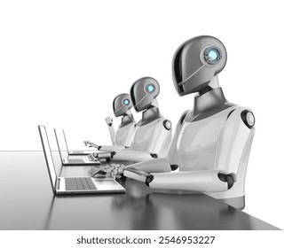 3d rendering group of humanoid robots or ai cyborgs with laptop computers isolated on white