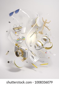 3d rendering group objects flying around light bulb. Creativity concept, thinking and get bright idea. Gold and light monochrome elements on white background.