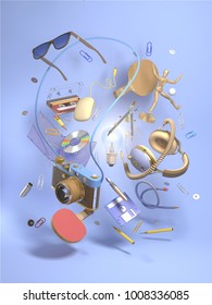 3d Rendering Group Objects Flying Around Light Bulb. Creativity Concept, Thinking And Get Bright Idea.  Many Various Elements On Blue Background. 