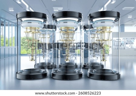 3d rendering group of quantum computer machines in shield capsules at laboratory