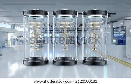 3d rendering group of quantum computer machines in shield capsules at laboratory