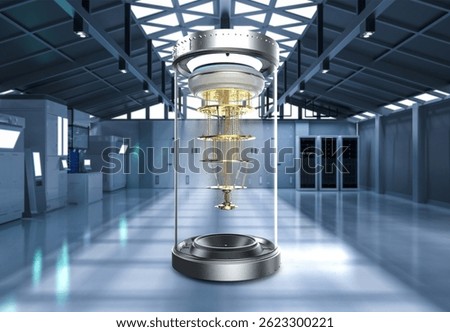 3d rendering group of quantum computer machines in shield capsules at laboratory