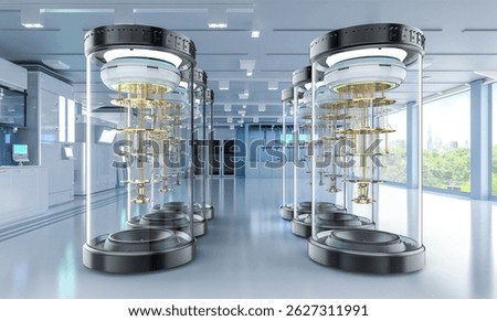 3d rendering group of quantum computer machines in shield capsules at laboratory