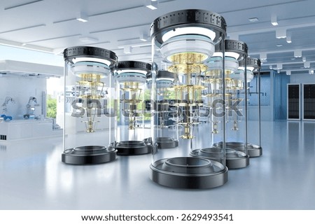 3d rendering group of quantum computer machines in shield capsules at laboratory
