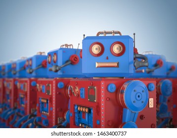 3d Rendering Group Of Robot Tin Toy Or Robot Army