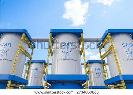 3d rendering group of smr or small modular nuclear reactors power plant against blue sky